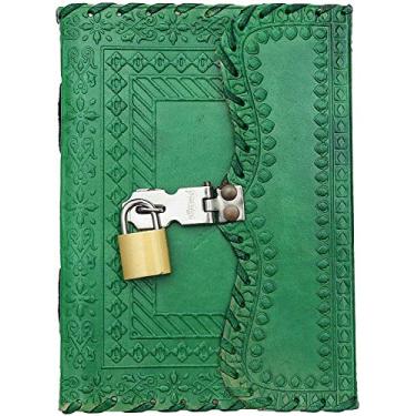 Imagem de TUZECH Diário de couro grande caderno de escrita artesanal encadernado diário vintage para mulheres e homens com cadeado e chave presente para caderno de esboços de arte