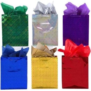 Imagem de Kit 10 Sacola Papelão Laminada Holográfica Alça Prateada Dourada Brilh