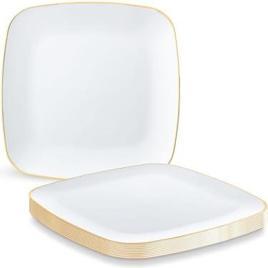 Imagem de Pratos de sobremesa de plástico quadrados de ouro branco premium - 15,24 cm (pacote com 12) | Elegante e durável para festas, eventos e entretenimento fácil
