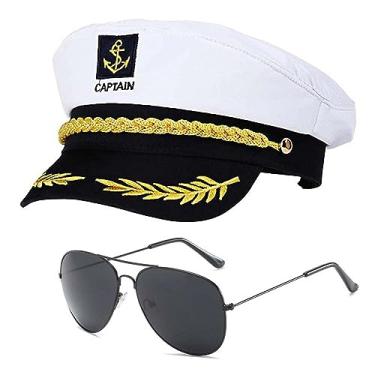 Imagem de YEMYIQZ 2 peças de chapéu de capitão masculino boné de óculos de sol barco navio marinho almirante iate marinheiros chapéu ajustável fantasia de Halloween, Branco, tamanho �nico