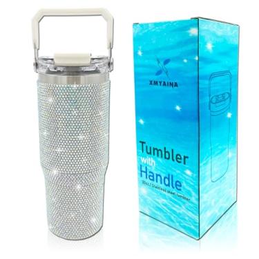 Imagem de Copo cravejado de strass brilhante de 850 g com alça superior e tampa à prova de vazamento, garrafa de água de cristal com glitter de aço inoxidável isolado a vácuo com canudo dobrável copo