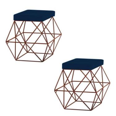 Imagem de Kit 2 Puffs Decorativo Sala de Estar Base Bronze Trixie Veludo Azul G4