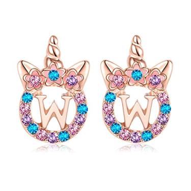 Imagem de TRWWELL Brincos de unicórnios, presentes para meninas, brincos de zircônia cúbica com inicial de unicórnio em ouro rosa para crianças, crianças, strass, letra inicial, unicórnio, brincos, joias para