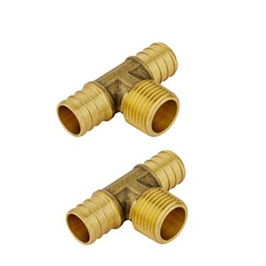 Imagem de (pacote com 2) EFIELD Pex Barb Crimp Brass 3/10.2 cm Pex X 3/10.2 cm Pex X 1/5.1 cm macho NPT Tee, ASTM F1807