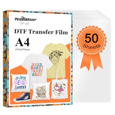 Imagem de TECKWRAP Filme de transferência DTF - 50 folhas A4 21,1 x 29,7 cm Matte PET DTF papel de transferência de calor para impressão direta no filme em camisetas, trabalho têxtil com impressoras DTF, corte