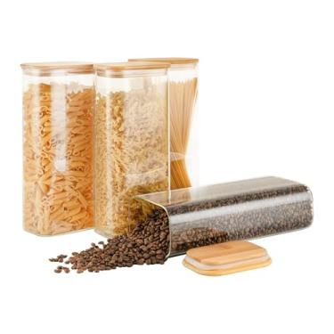 Imagem de D2scrma Recipientes retangulares de vidro herméticos de 71 onças com tampas de bambu (conjunto de 4), pote quadrado de armazenamento de alimentos, organizadores de despensa para açúcar, fari