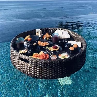 Imagem de Bandejas de servir flutuantes redondas de bar, boias de piscina para adultos para bancos de areia, spas, banheiros e festas | Bandeja flutuante para servir bebidas na piscina, comida na água, preta,
