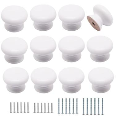 Imagem de YuGtcen 12 maçanetas de armário de madeira, puxadores de cômoda de madeira, maçanetas redondas modernas para móveis armário cômoda gaveta porta de armário (branco)