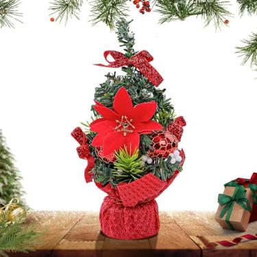 Imagem de Árvore de Natal de mesa – Árvore de Natal minúscula de 21 cm com bolas de laço vermelho – Ornamentos para casa pinheiro artificial colecionável para ambientes internos e externos