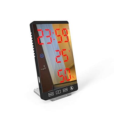 Imagem de SUMOR Despertador de 15 cm espelho LED despertador de parede com controle de toque, relógio digital de temperatura, exibição de umidade, USB, relógio de mesa para quarto, casa, relógio de mesa (preto
