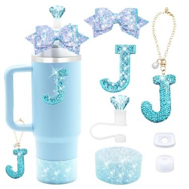 Imagem de Liangang Conjunto de acessórios de copo Stanley azul 7 peças para copo Stanley de 850 g 1,134 g, incluindo pingente de letra, tampa à prova de derramamento, canudo de diamante, canudo de laço, bota de