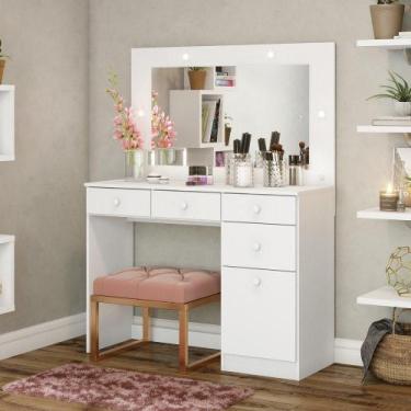 Imagem de Penteadeira com Espelho e LED 1 Porta 4 Gavetas Beauty Branco - Henn