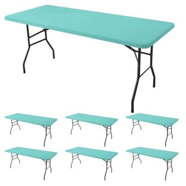 Imagem de Enjoyidea Toalha de mesa ajustada para mesas retangulares de 2,4 m - pacote com 6 toalhas de mesa elásticas para piquenique ao ar livre azul aqua - toalhas de mesa dobráveis elásticas de elastano 2,4