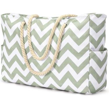 Imagem de Becokan Bolsas de praia femininas grandes à prova d'água bolsa de praia com zíper bolsa de praia impermeável à prova de areia para piscina, Onda verde cinza, Large