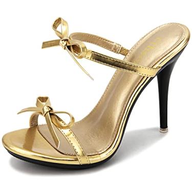 Imagem de cthseie Sandálias femininas de salto plataforma com tiras stilettos mules bico aberto sem cadarço moderno vestido sexy bonito laço sem costas salto alto chinelos de salto alto, Dourado, 35