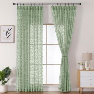 Imagem de Lecloud Cortinas transparentes plissadas verde-sálvia 2 painéis para janela grande, 2 painéis para janela grande, cortinas semitransparentes texturizadas em jacquard extra largas para sala de estar