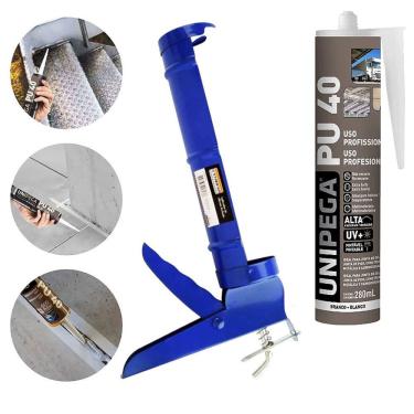 Imagem de Kit Aplicador de Silicone + Cola Selante Adesivo PU 40 Branco 400g Unipega Construção e Vedação
