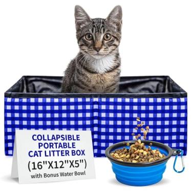 Imagem de Pet Fit For Life Caixa de areia portátil dobrável para gatos (40.6 cm x 30.5 cm x 12.7 cm) – Caixa de areia dobrável e embalável para gatos – Inclui tigela de água bônus – Azul