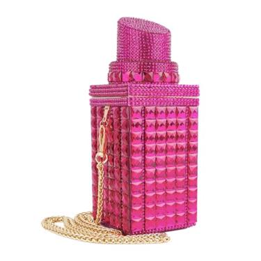 Imagem de Sheiyeah Bolsa feminina em forma de batom incrustada com strass cristal glitter bolsas para noite bolsa clutch brilhante para banquete, Rosa