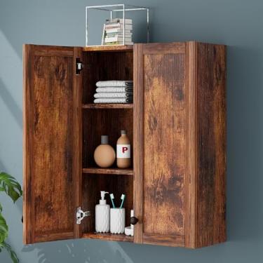 Imagem de BYAOLVCY Armário de banheiro montado na parede sobre vaso sanitário armário de armazenamento 50 x 71 cm marrom para montagem na parede armário de armazenamento de banheiro com 2 prateleiras ajustáveis