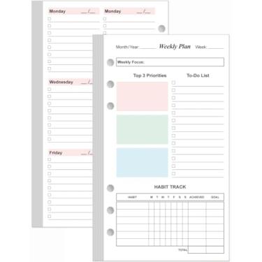 Imagem de Refil de agenda semanal A6 para fichários pessoais Filofax, 53 folhas/106 páginas, agenda semanal colorida sem data, perfurada com 6 furos, papel branco de 100 g/m², dura 1 ano, sem data, 9,5 x 17 cm
