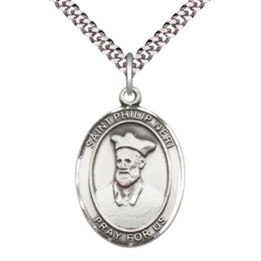Imagem de Colar de medalha Saint Philip Neri – Pingente de estanho em corrente banhada a ródio leve de 61 cm – Padroeiro católico das forças especiais do exército dos EUA – caixa de presente de veludo incluída
