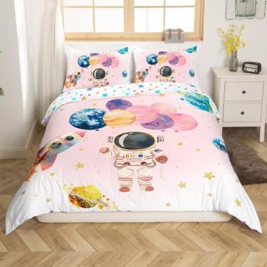 Imagem de Jogo de capa de edredom fofo astronauta tamanho casal, colorido e fofo planeta balão foguete, capa de edredom reversível com 2 fronhas, conjunto de cama de poliéster rosa branco de desenho animado de