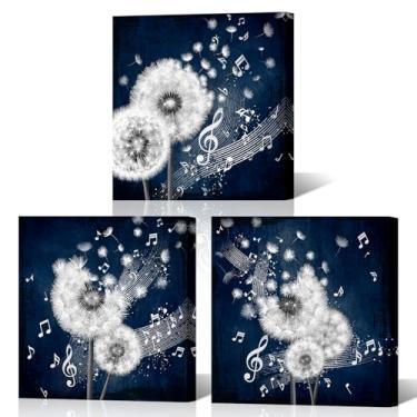 Imagem de NutArtPic Dente-de-leão arte de parede tela desejos flores imagens rústico dente-de-leão notas musicais pinturas azul marinho decoração de parede arte para banheiro quarto decoração de casa pronto