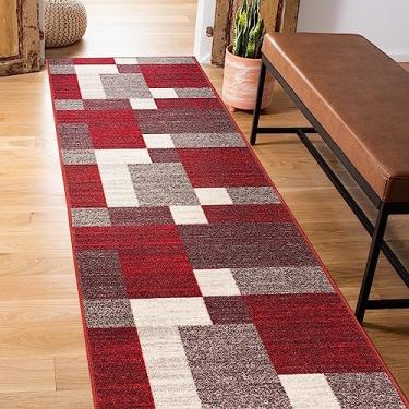 Imagem de Tapete de corredor antiderrapante (antiderrapante) com design moderno de caixas de 6 x 213 cm, vermelho