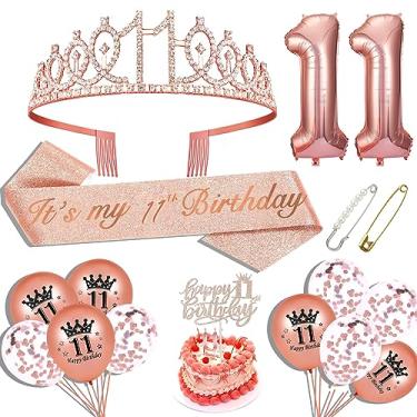 Imagem de Hysilla Decorações De 11º Aniversário Para Meninas, Faixa, Coroa, Topo Bolo, Balões, Conjunto Alfinetes E Velas, Ouro Rosa