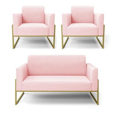 Imagem de Sofá Namoradeira Com 2 Poltronas Base Industrial Alta Dourado Marisa Suede D03 - D\'rossi Cor Rosa Bebê