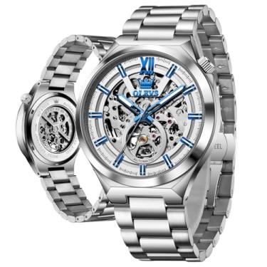 Imagem de OLEVS Relógio de pulso masculino esqueleto automático com corda automática, cristal de safira, aço inoxidável, 3AT, à prova d'água, luminoso, para negócios, Relógios de luxo: prata