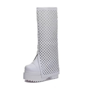 Imagem de Botas femininas de couro genuíno para aumentar a altura, plataforma branca, recortada, perfurada, respirável, cavaleiro, cano longo, cano alto, botas dobráveis, de verão, 240305, Branco, 35