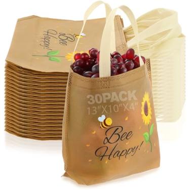 Imagem de Sweetude 30 sacos de presente Bee Happy a granel, não tecidos, bonitos, girassol, abelha, estética, reutilizável, compras, varejo, sacolas com alças para aniversários, decorações de chá de bebê
