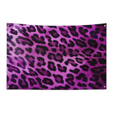 Imagem de Bandeira roxa de leopardo 89 x 149 cm, bandeira de boas-vindas, jardim, quintal, casa, bandeira, decorativa, jardim, quintal, interior, exterior, banner, festa, decoração de casa