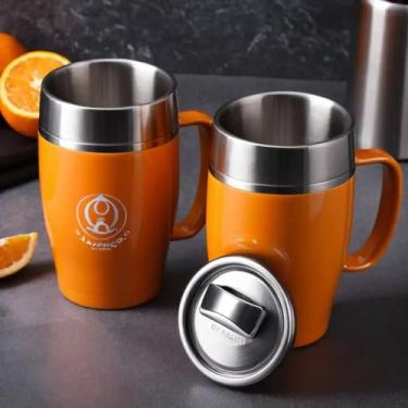 Imagem de Caneca Térmica Parede Dupla em Aço Inox Laranja 350ml com Alça Ergonômica - Estilo Com Logo