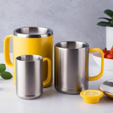 Imagem de Caneca Térmica Parede Dupla em Aço Inox Amarela 550ml com Tampa Rosqueável - Estilo Casual