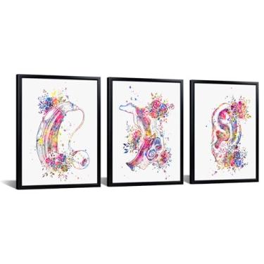 Imagem de KREATIVE ARTS Conjunto de arte de parede em tela de anatomia da orelha, com 3 impressões em aquarela de aparelho auditivo e implante coclear para clínica de audiologia, otorrinolaringologia