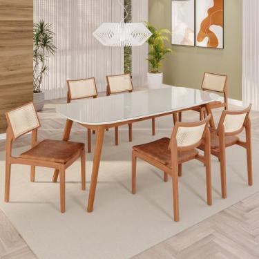 Imagem de Sala de Jantar Mesa 180x76cm Tampo em Mdf com Vidro 6 Cadeiras em Linh