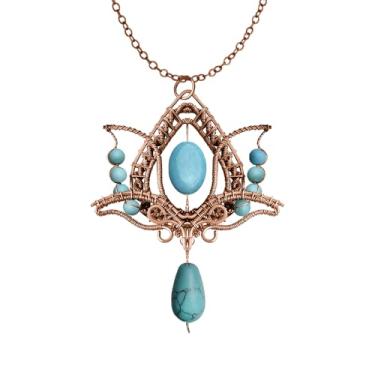 Imagem de Filofly Pingente de lótus turquesa feito à mão cobre rosa prata fio tecelagem e joia envolvida pedra natural com colar de 45,7 cm para presente feminino, Small, Cobre Cobre Prata rosa Turquesa