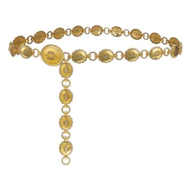 Imagem de YooAi Cinto feminino Western Metal Concho com corrente de vaqueira para vestidos, jeans, roupa de concerto country, Moeda de ouro, Fit waist up to 50"