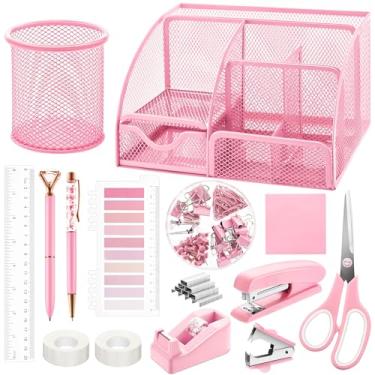Imagem de Conjunto de 11 peças de material de escritório rosa de malha, kit de acessórios para organizar mesa, inclui dispensador de fita grampeadora, clipes de remoção de grampeadores, régua, tesoura, notas