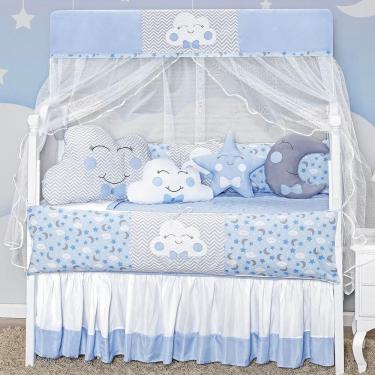Imagem de Kit Berço 12 Peças Com Saia Box Azul Formato Nuvem Completo