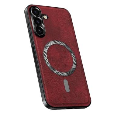 Imagem de HAOMRIYL Capa magnética para Samsung Galaxy S25 Ultra/S25 Plus/S25, capa de proteção de couro à prova de choque, capa protetora para câmera, estilo empresarial, capa, vermelha, S25plus