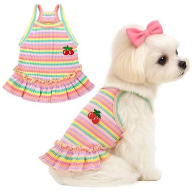 Imagem de XGDMEIL Lindo vestido de cachorro pequeno para meninas, roupas femininas para cães, primavera verão, animais de estimação, filhotes, gatos, roupas listradas para Shih Tzu Yorkies Chihuahua maltês