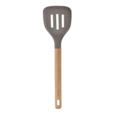 Imagem de Espátula Vazada de Silicone com Cabo de Madeira Kenya Cinza