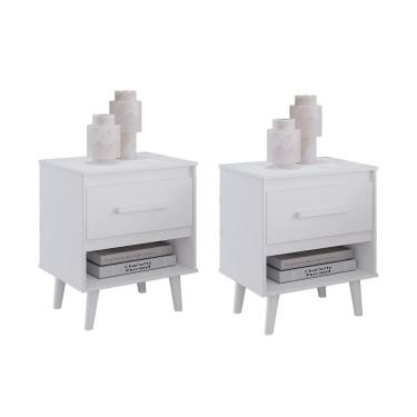 Imagem de Jogo de Mesa de Cabeceira Mila 1 Gaveta Pés Retrô - Branco Móblis 