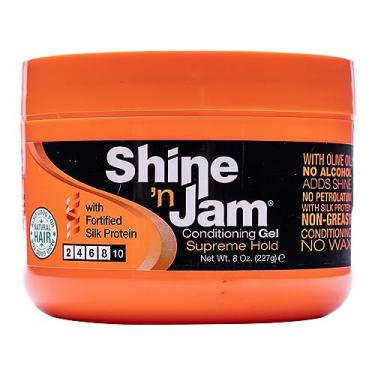 Imagem de Ampro Shine-n-Jam Supreme Hold - Condiciona o cabelo com azeite de oliva e proteína de seda - Ótimo para suavizar franjas, rabos de cavalo e up-dos - firma tranças com brilho não oleoso - 227 g
