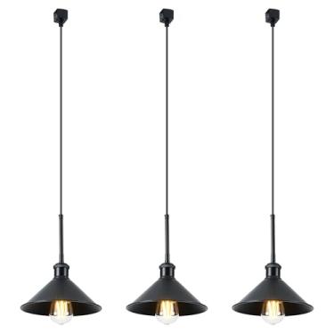 Imagem de Pingente de pista tipo H para pendurar em trilho de teto industrial preto, compatível com trilho de iluminação tipo H, soquete E26, pacote com 3 (lâmpadas não incluídas)