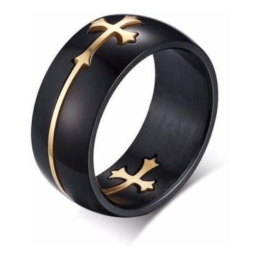 Imagem de Anel Aliança Titânio Preto Crucifixo Dourado - Judith Joias, 28